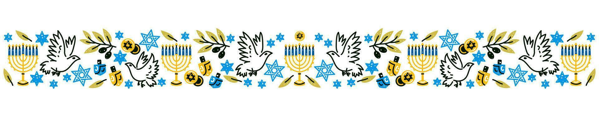 Happy Hanukkah banner. Flat vector illustration with holiday symbols