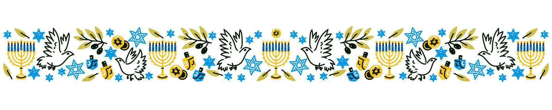 Happy Hanukkah banner. Flat vector illustration with holiday symbols