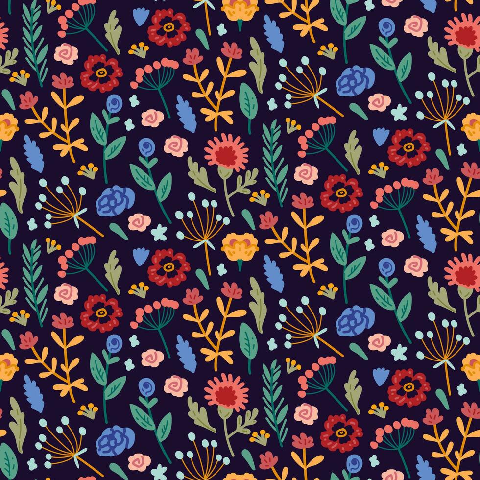 Vector seamless pattern with hand drawn wild plants, herbs and flowers,