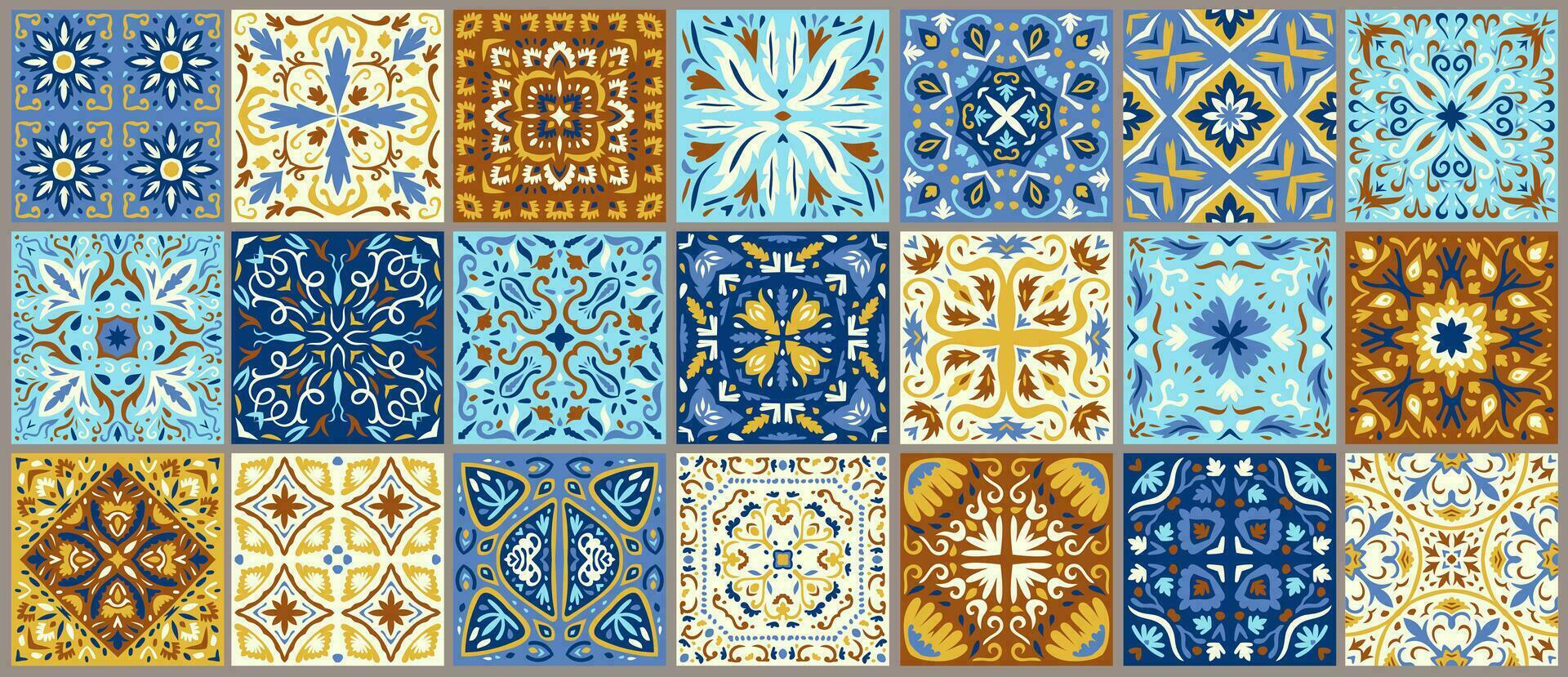 Set of patterned azulejo floor tiles. Collection of ceramic tiles vector