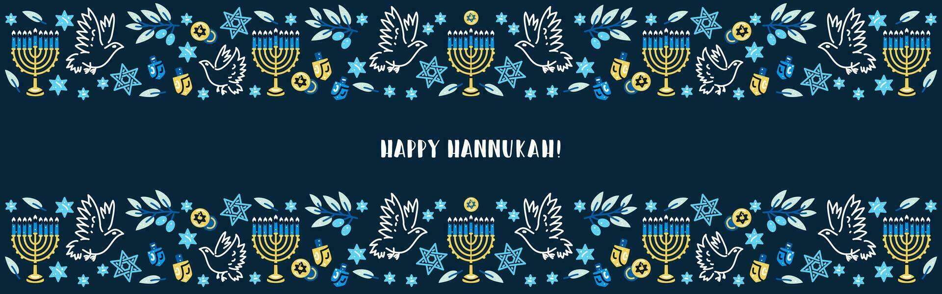 Happy Hanukkah banner. Flat vector illustration with holiday symbols