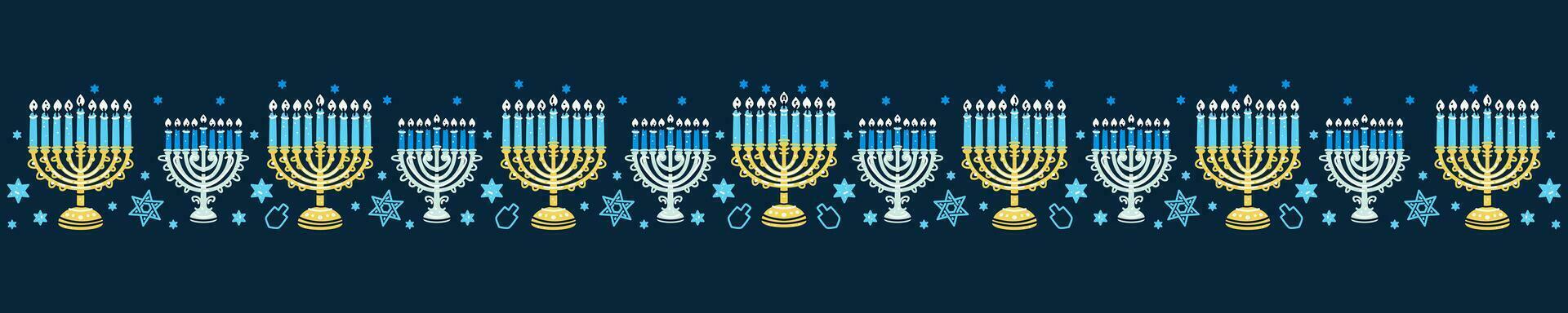 Happy Hanukkah banner. Flat vector illustration with holiday symbols
