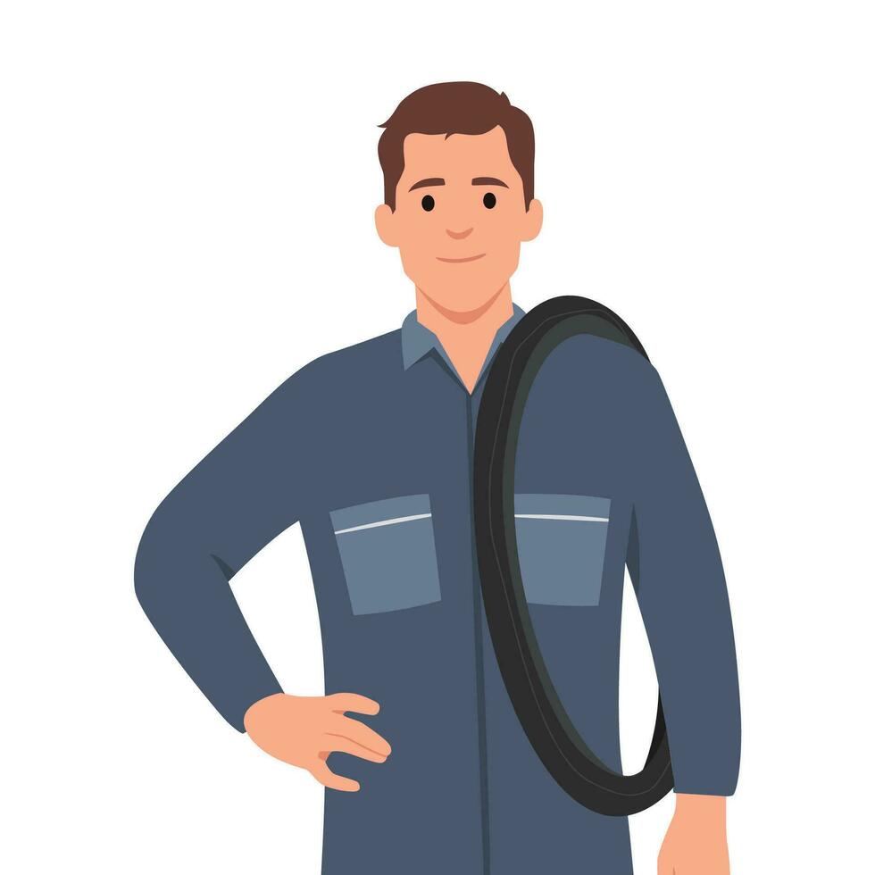 Young man smiling happily with a hand on hip and confident. bicycle mechanic concept. vector