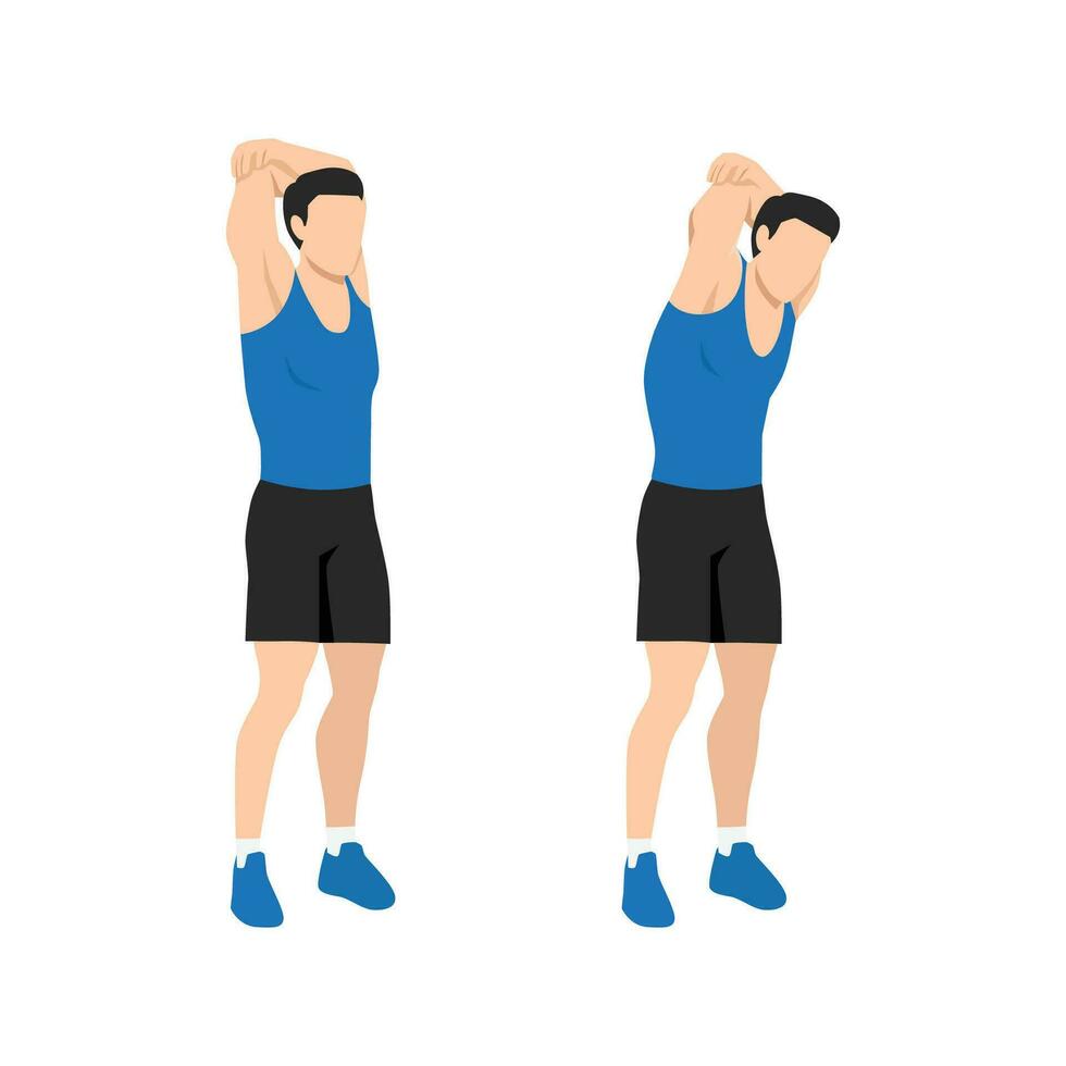 Man doing Standing reach up back rotation stretch exercise. vector