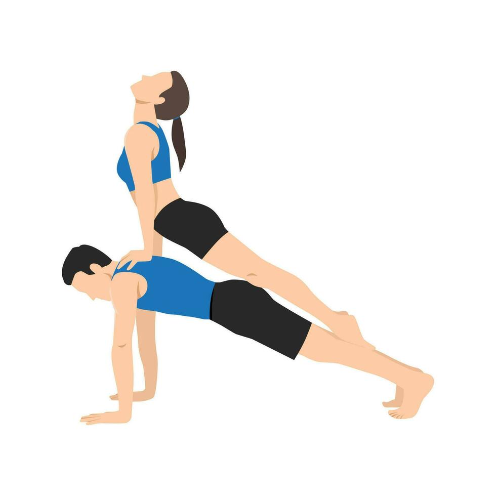 Young couple practicing yoga together, upward facing dog on top of plank pose vector