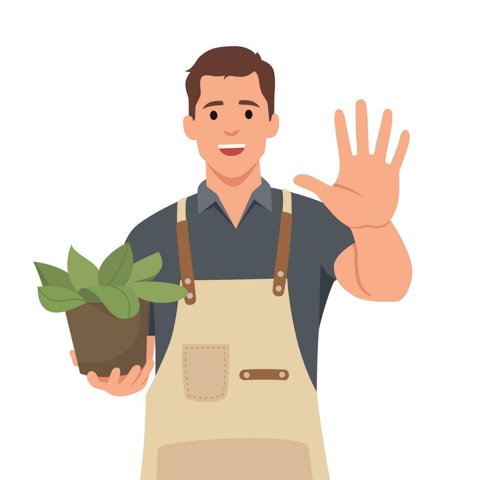 Young man smiling and looking friendly, showing number five. gardener and plant. Wearing overalls. vector