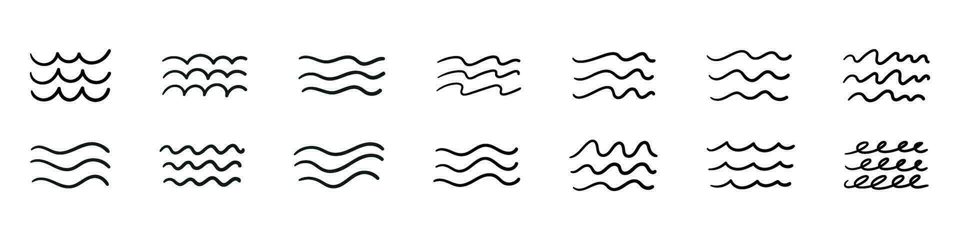 Sea wave pattern with simple water lines and brush strokes. icons of ocean waves, rivers, and beach elements. Flat vector illustration isolated on white background.