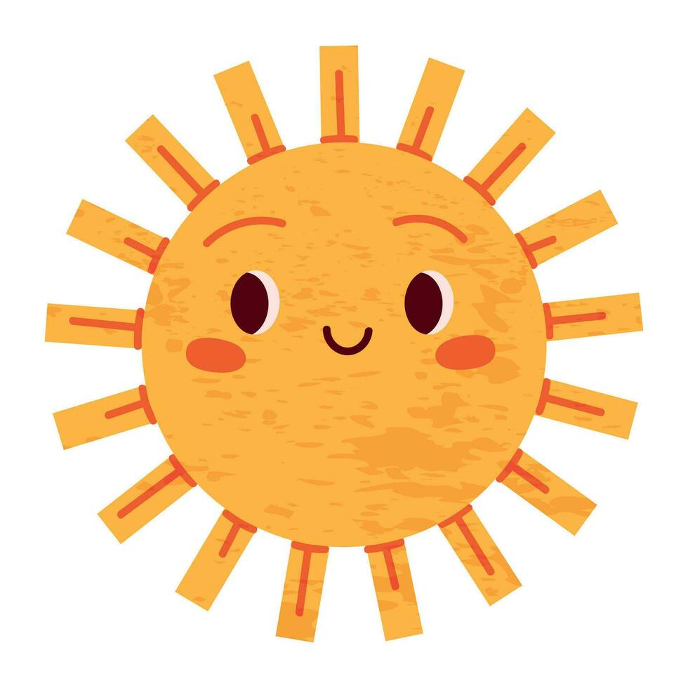 Sun character in cute style, face with a sticker. Sunshine with a smile for kids, doodled in a happy and fun way. Flat vector illustrations isolated in background.