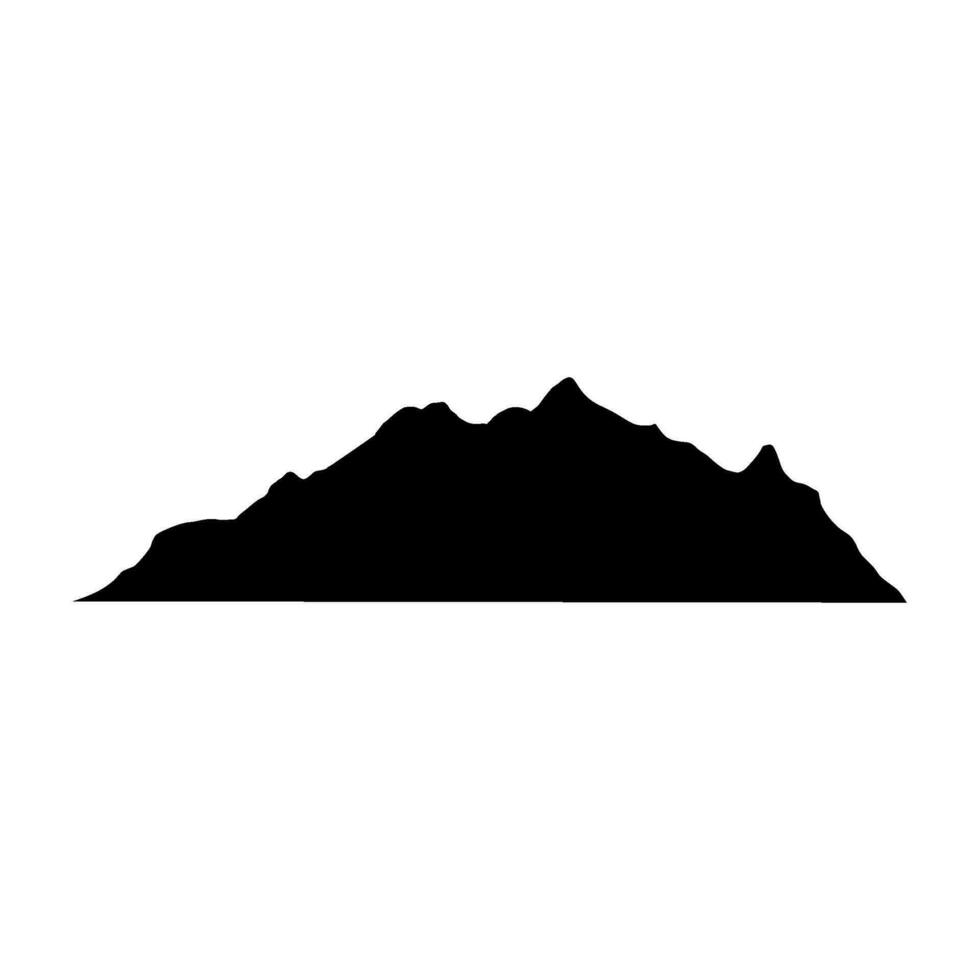 Mountain icon with snowy range silhouette. Alps, hill, black rock and white landscape, icy mount. Flat vector illustrations isolated in background.