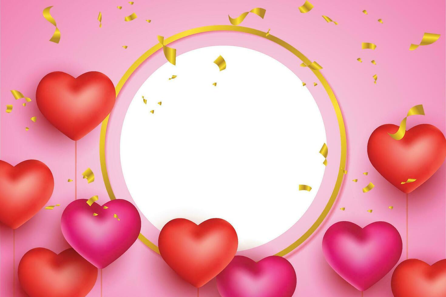 valentine's day background template with empty white circle for text and realistic hearts ornament vector
