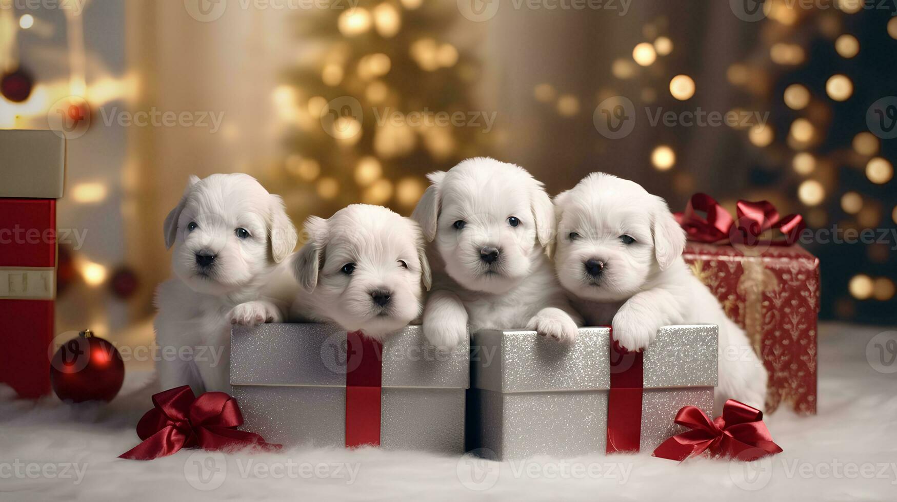 A beautifull and lot of puppys with heart and with gifts photo