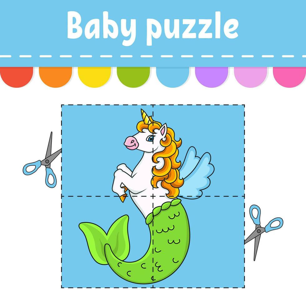Baby puzzle. Easy level. Cute mermaid unicorn. Flash cards. Cut and play. Color activity worksheet. Game for children. cartoon character. vector