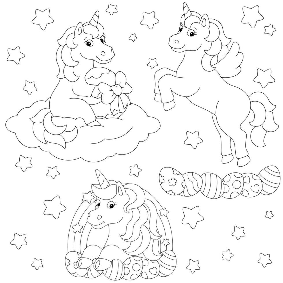 Festive Easter unicorns. Coloring book page for kids. Cartoon style character. Vector illustration isolated on white background.