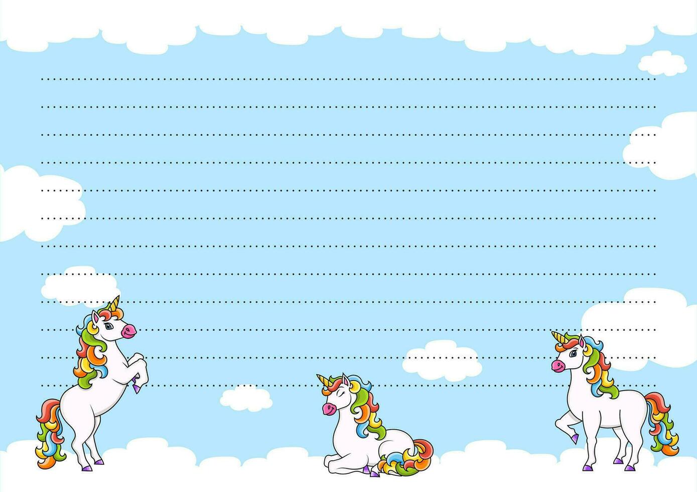 plantilla de hoja de color para notas con unicornio. página de papel para diario, cuaderno, diario, cartas, horario, organizador. lindo personaje de dibujos animados. hoja rayada. ilustración vectorial vector