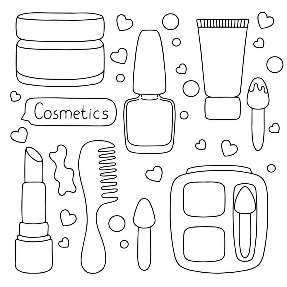 Cosmetics theme. Outline contour. Design element. Vector illustration isolated on white background. Template for books, stickers, posters, cards, clothes.