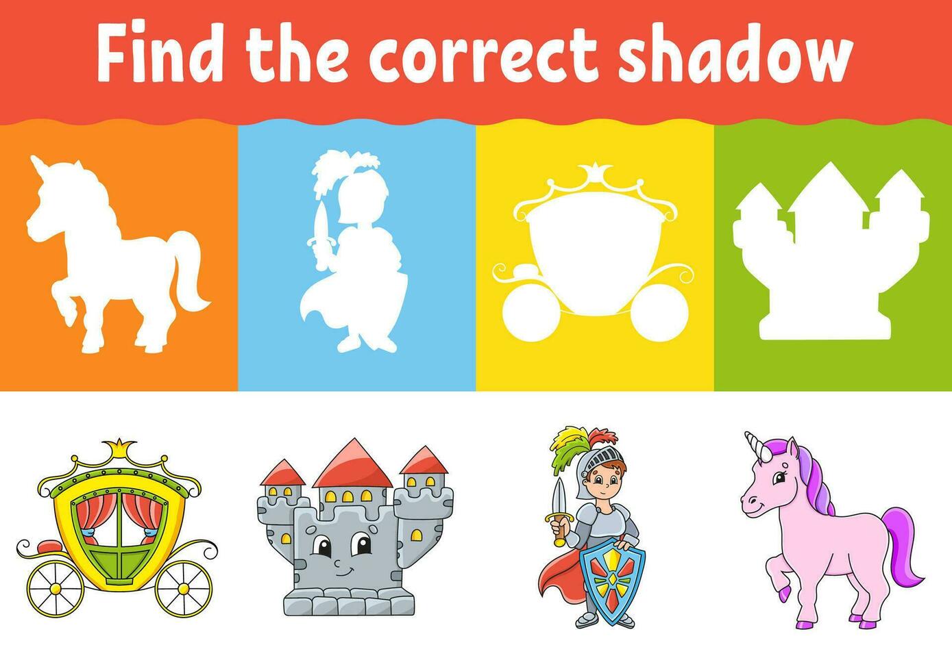 Find the correct shadow. Education worksheet. Matching game for kids. Fairytale theme. Color activity page. Puzzle for children. Cartoon character. Isolated vector illustration.