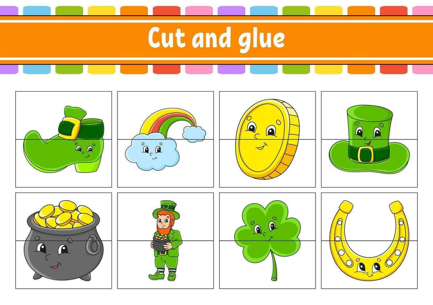 Cut and play. Paper game with glue. Flash cards. Education worksheet. Activity page. St. Patrick's Day. Isolated vector illustration. cartoon style.