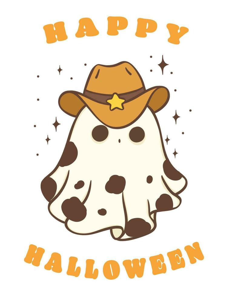 Halloween Cowboy Ghost Cute Kawaii Cartoon Doodle Vector illustration. Happy halloween greeting card