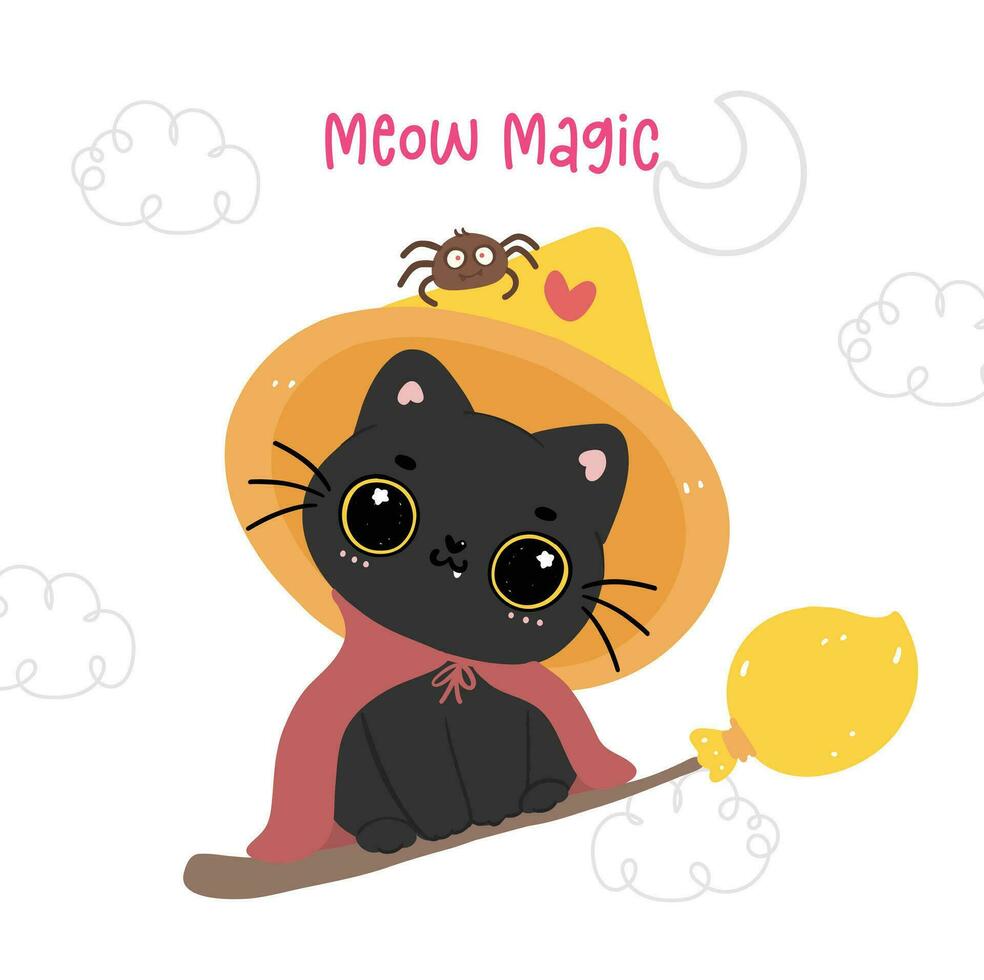 Cute Witch Black Cat Halloween on broomstick Cartoon. vector