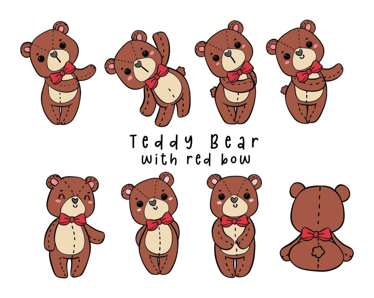 Cute innocence Teddy Bear Cartoon Doodle Collection, Adorable Hand Drawn Poses vector