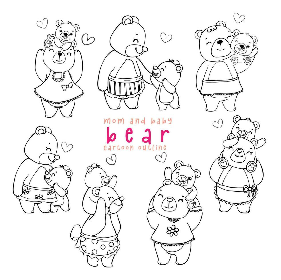 cute Mother bear and Baby Bear having Heartwarming timeless love moment together Cartoon Doodle outline Illustration collection, mother day vector