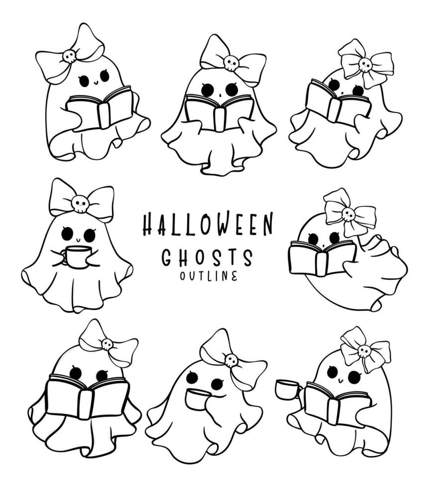 adorable pink Halloween ghosts in a retro, kawaii cartoon doodle outline style collection. vector