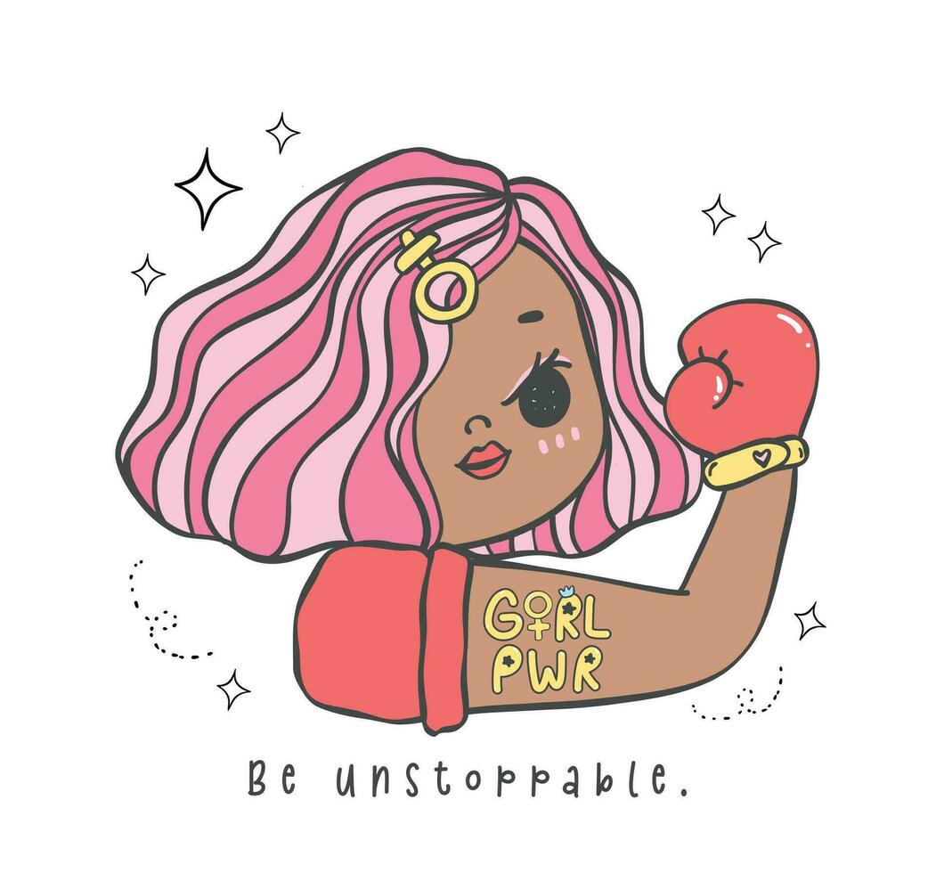 linda diversidad joven niña autorizar con fuerte mano gesto signo. feminista dibujos animados personaje empoderamiento mano dibujo ilustración vector