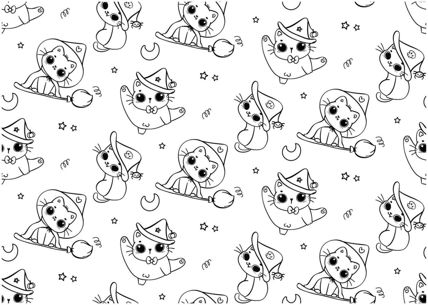 Cute Halloween witch Black Cat Cartoon Outline Seamless Pattern isolated on white background. vector