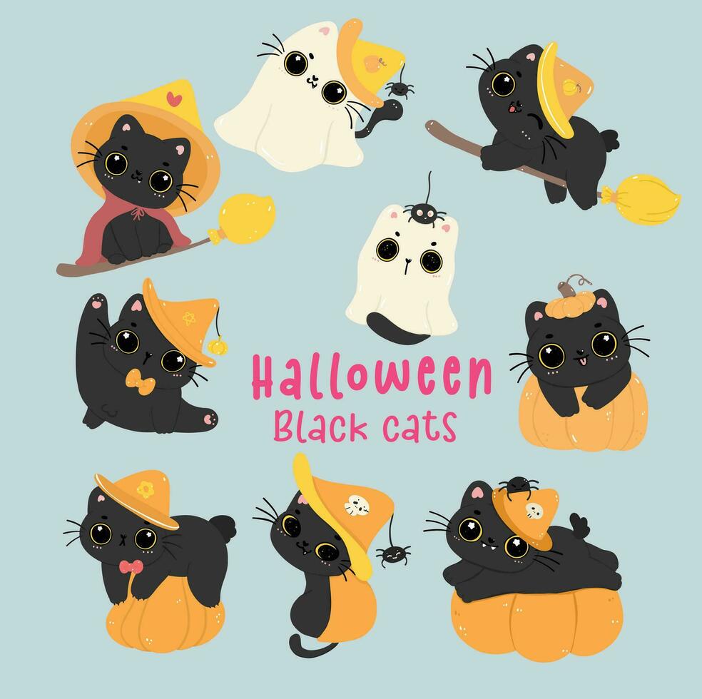 linda bruja negro gato Víspera de Todos los Santos dibujos animados personaje colocar. vector