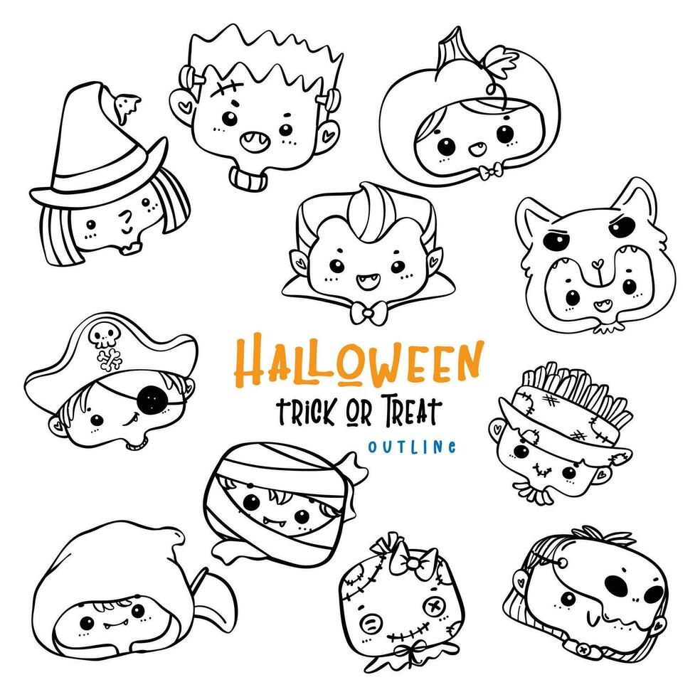 Cute spooky Halloween kid face in Costume Doodle outline collection. vector