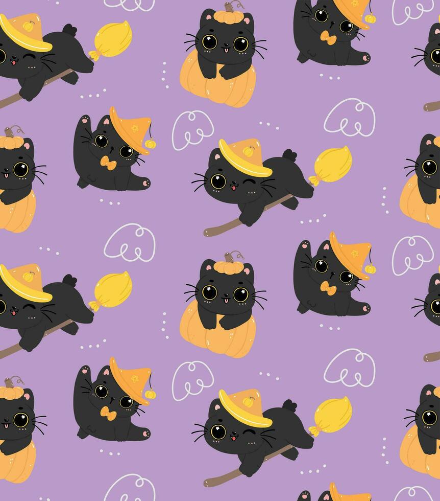 Cute Halloween Black cat cartoon pattern seamless isolated on purple blackground vector