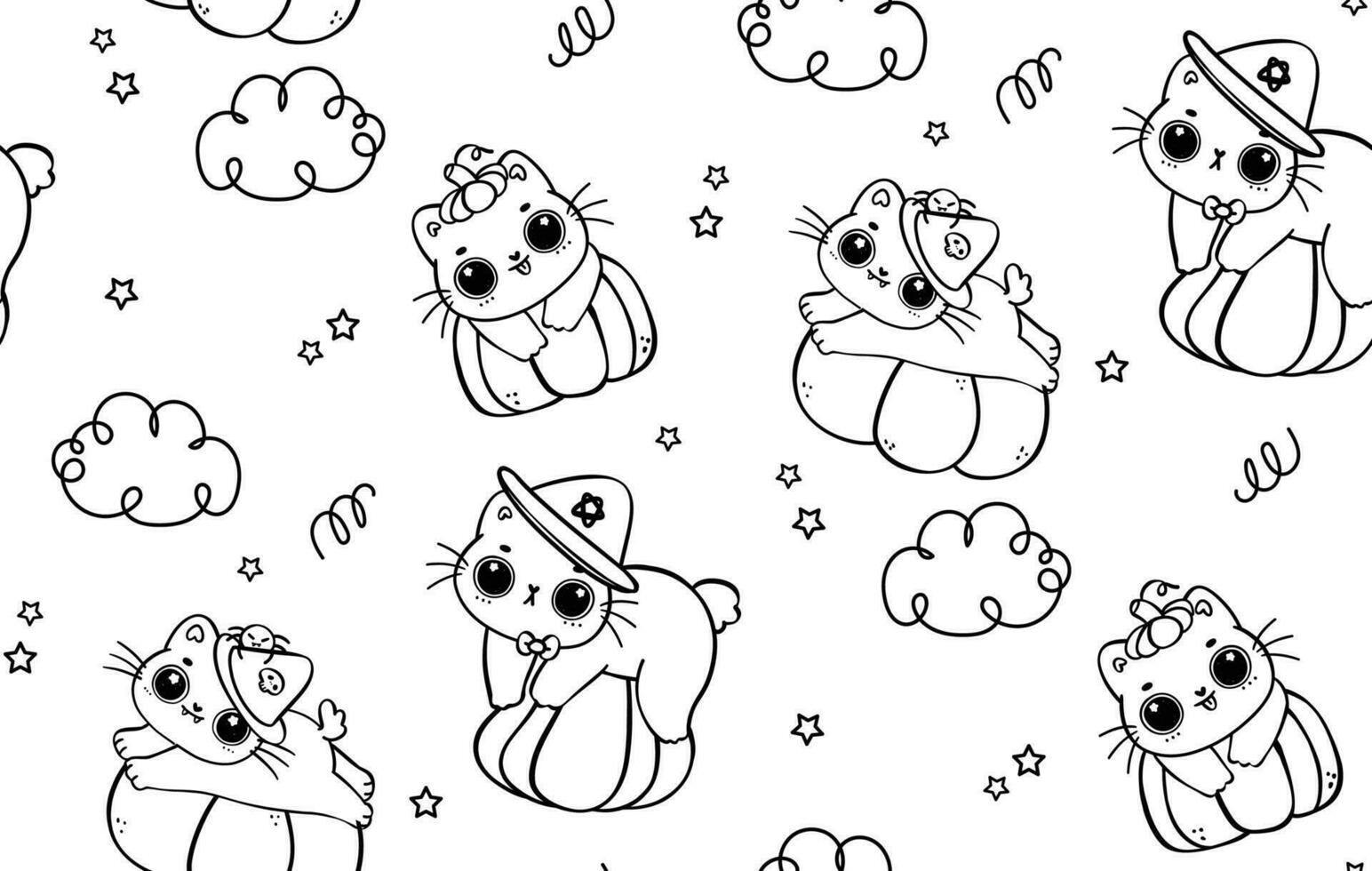 Cute Halloween Black Cat Cartoon Outline Seamless Pattern isolated on white background. vector