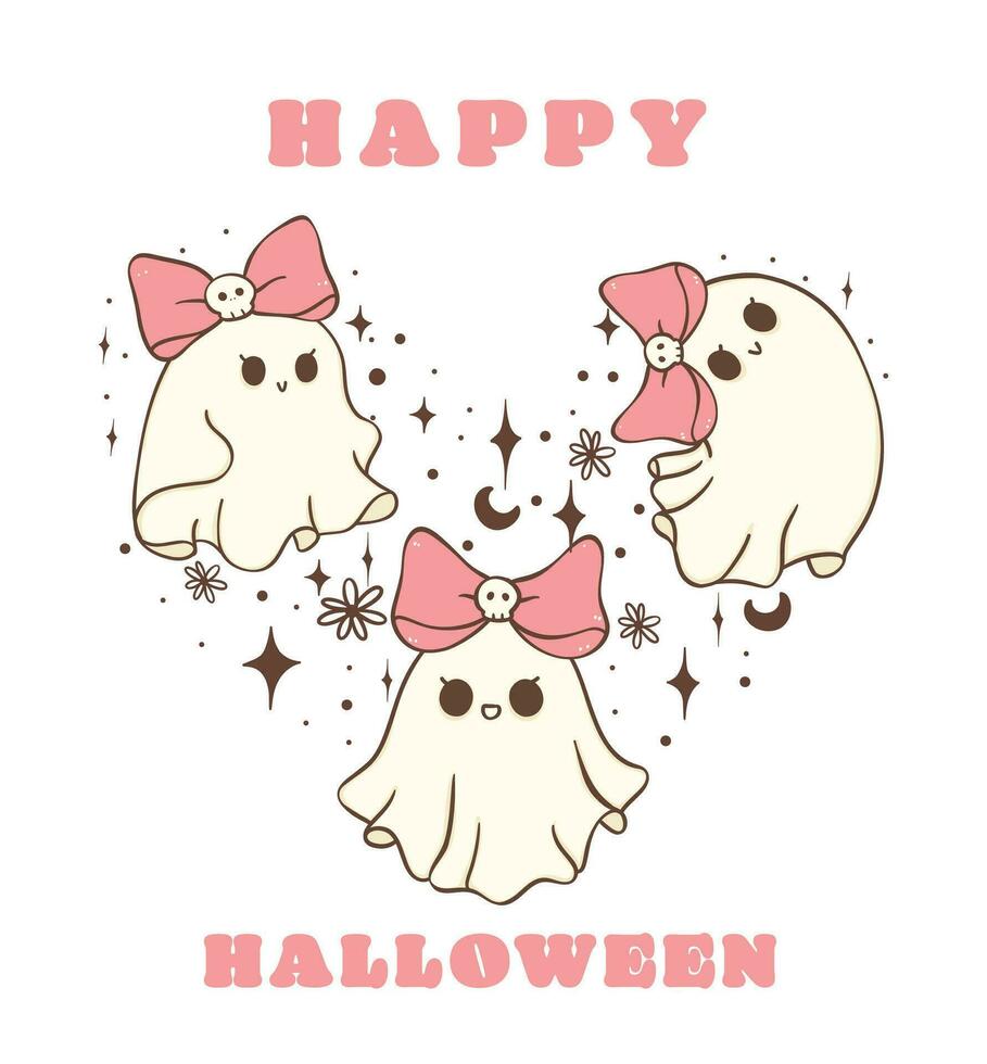 Group of pink Halloween  Ghosts in heart shape, retro Cute Kawaii girly Cartoon Doodle Vector illustration. idea for t shirt