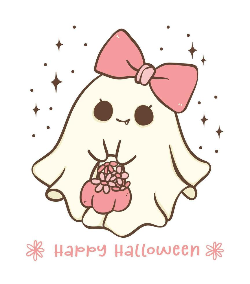 Cute and cheeky pink Halloween ghost girl with flowers and diasy flower cartoon doodle illustration.  boo-tiful vector