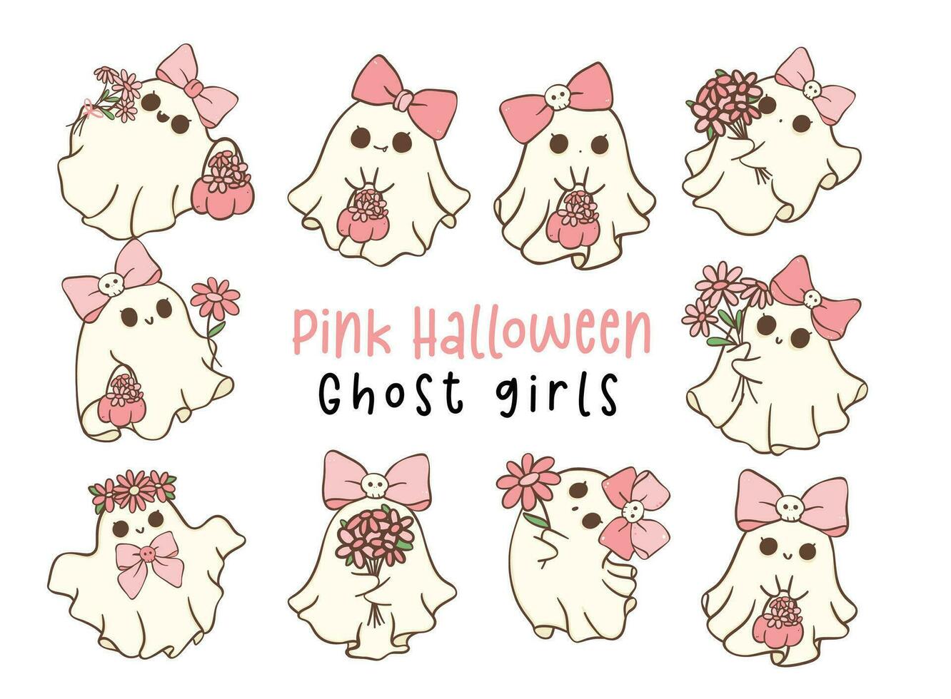 Set of cute pink Halloween ghost girl with flowers cartoon doodle illustration. vector