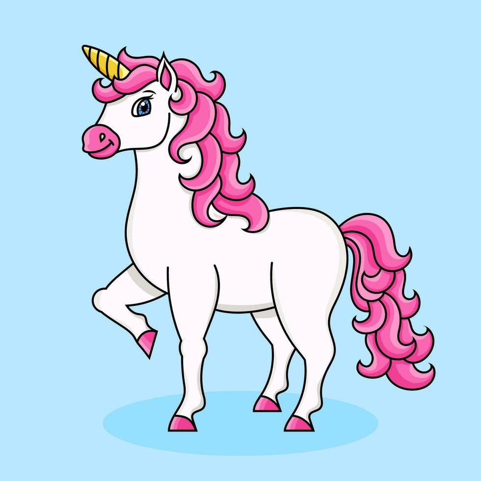 linda unicornio. magia hada caballo. vistoso vector ilustración. dibujos animados estilo. aislado en color antecedentes. diseño elemento. modelo para tu diseño, libros, pegatinas, tarjetas, carteles, ropa.