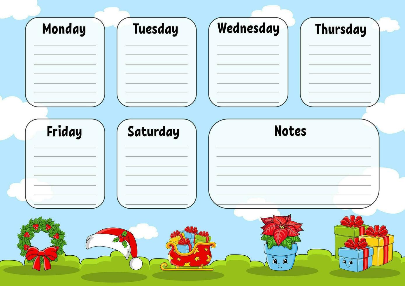 School timetable. For the education of children. Isolated on color background. With a cute cartoon character. Vector illustration.