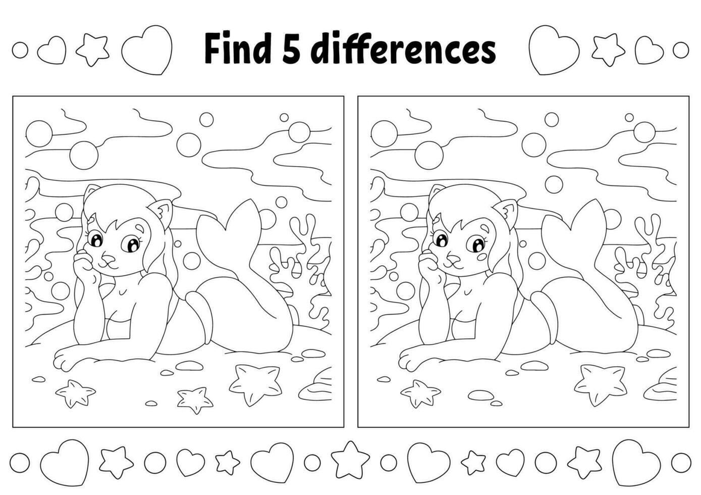 Find five differences. Coloring page for kids. Activity worksheet for children. Vector illustration isolated on white background.