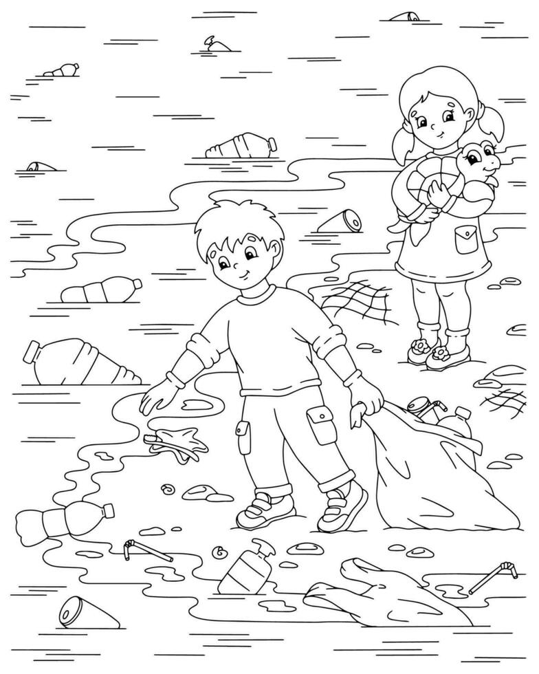 los niños limpian la costa del océano de la basura. El problema de la ecología. contaminación plástica del océano. página de libro para colorear para niños. personaje de estilo de dibujos animados. ilustración vectorial aislado sobre fondo blanco. vector