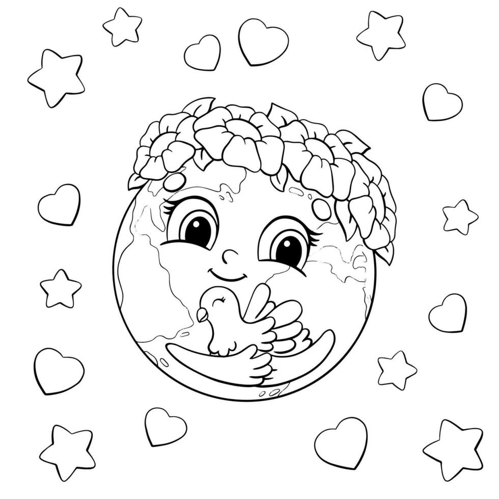 Cute planet Earth in a wreath of flowers holds a dove in her hands. Coloring book page for kids. Cartoon style character. Vector illustration isolated on white background.