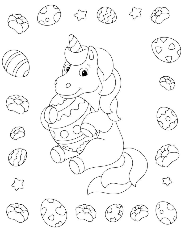 Unicorn and Easter egg. Coloring book page for kids. Cartoon style character. Vector illustration isolated on white background.