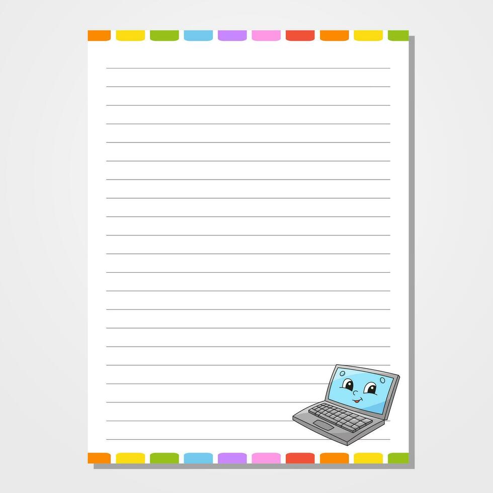 Sheet template for notebook, notepad, diary. Lined paper. Cute character. With a color image. Isolated vector illustration. cartoon style.