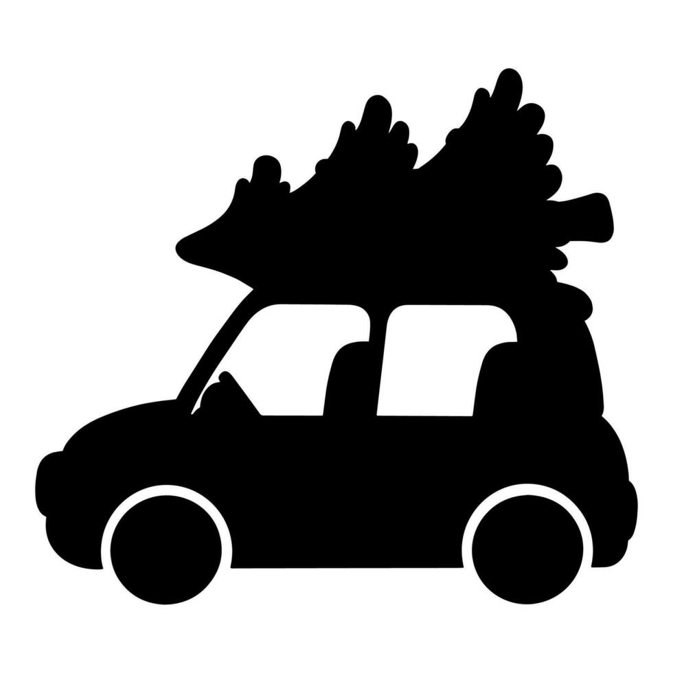 The car is carrying a Christmas tree. Black silhouette. Design element. Vector illustration isolated on white background. Template for books, stickers, posters, cards, clothes.