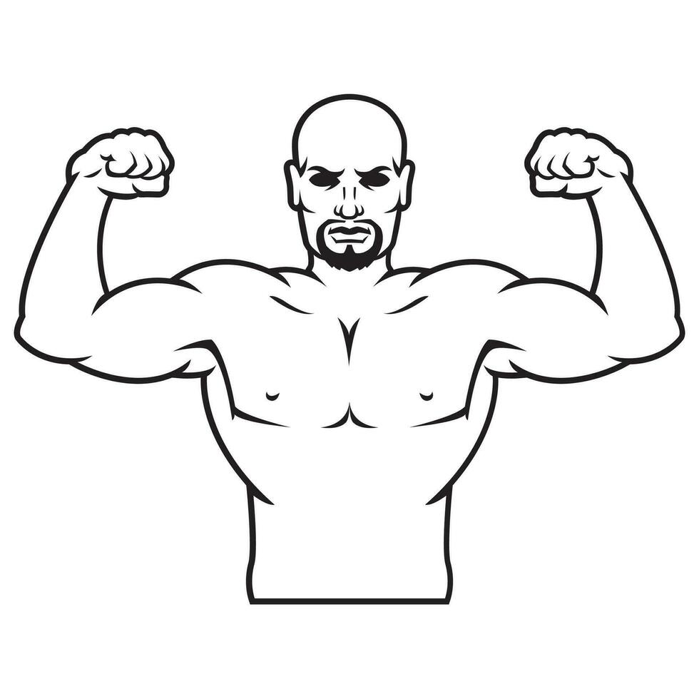 Bodybuilder strong man. Outline silhouette. Design element. Vector illustration isolated on white background. Template for books, stickers, posters, cards, clothes.