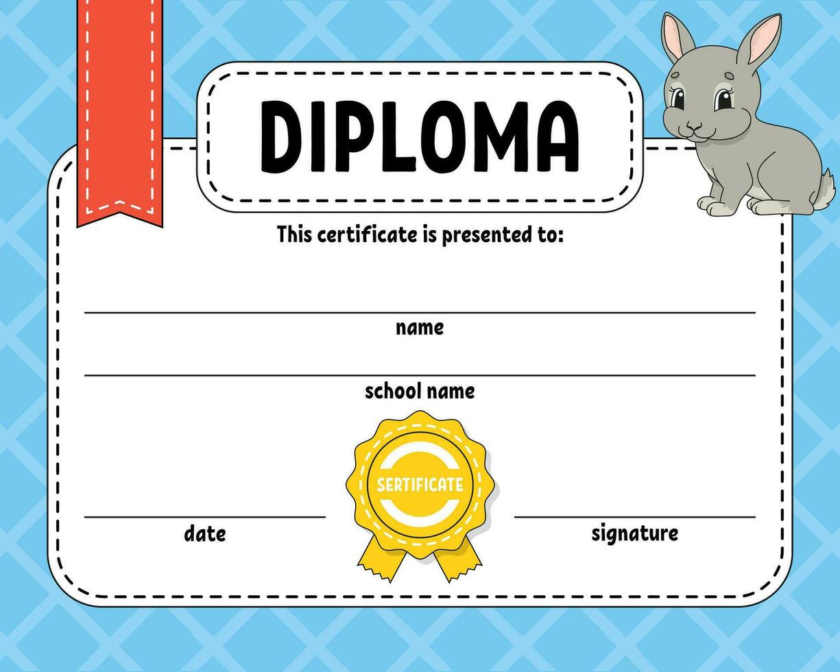 Diploma certificate template. For school and preschool. For kids and children. Vector illustration.