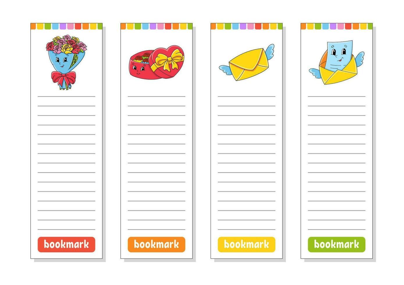 Set of paper bookmarks for books with cute cartoon characters. For kids. Isolated on white background. Vector illustration.