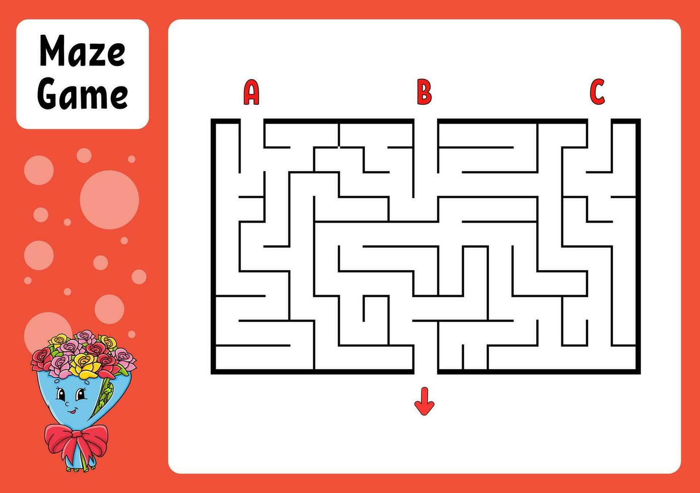 Rectangle maze. Game for kids. Three entrances, one exit. Education worksheet. Puzzle for children. Labyrinth conundrum. Find the right path. cartoon character. Vector illustration.