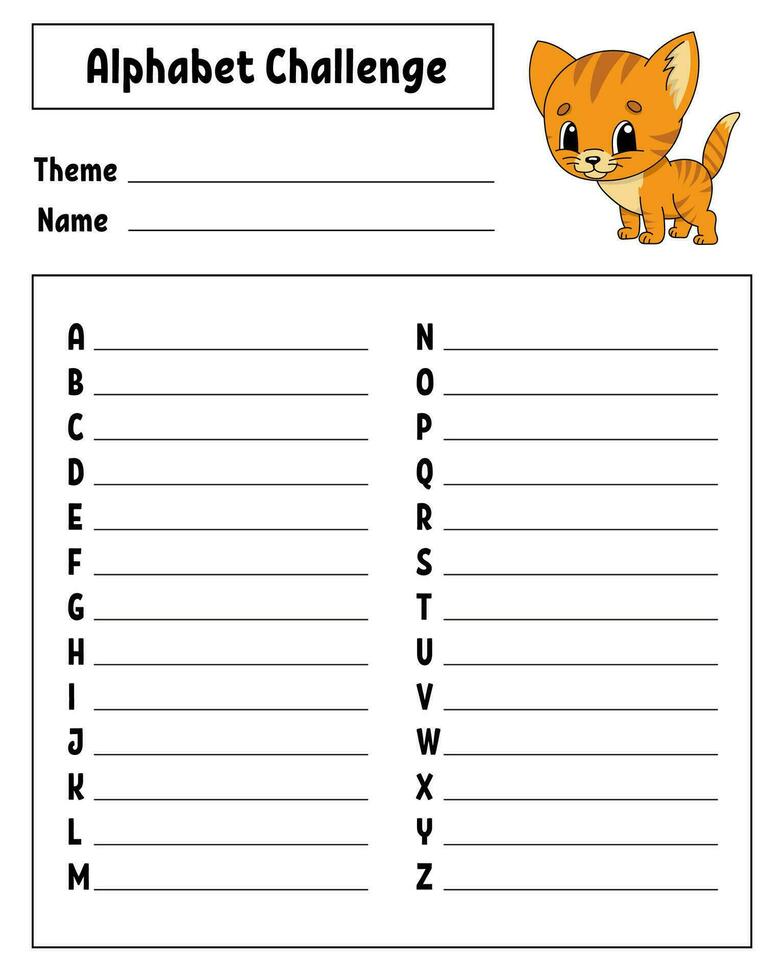Alphabet challenge. Educational activity worksheet for kids and toddlers. Game for children. Vector illustration.
