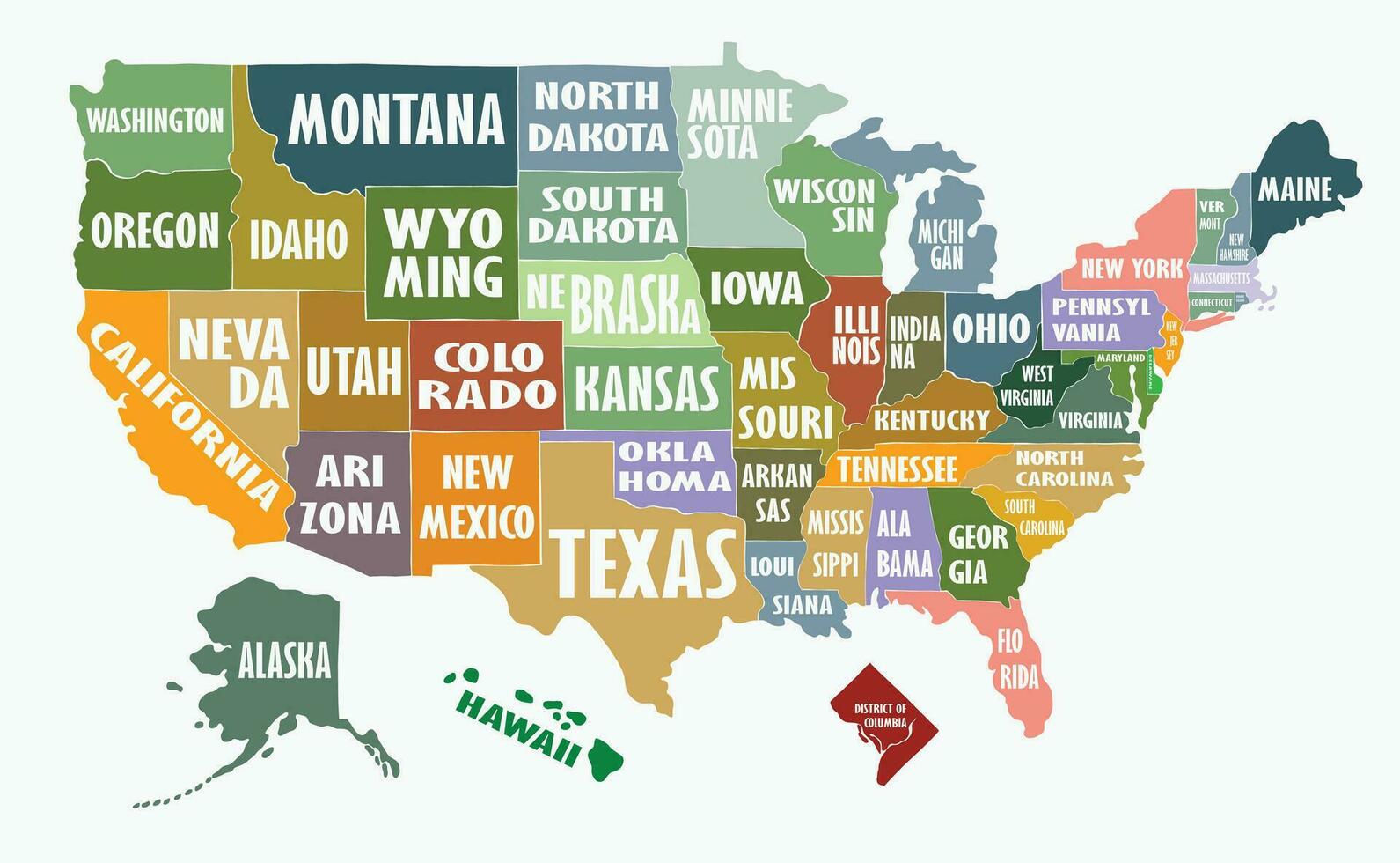 unido estados de America mapa con del estado nombre a mano dibujo. vector