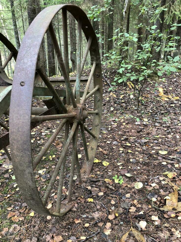 large old iron wheel, abandoned machinery in the forest photo